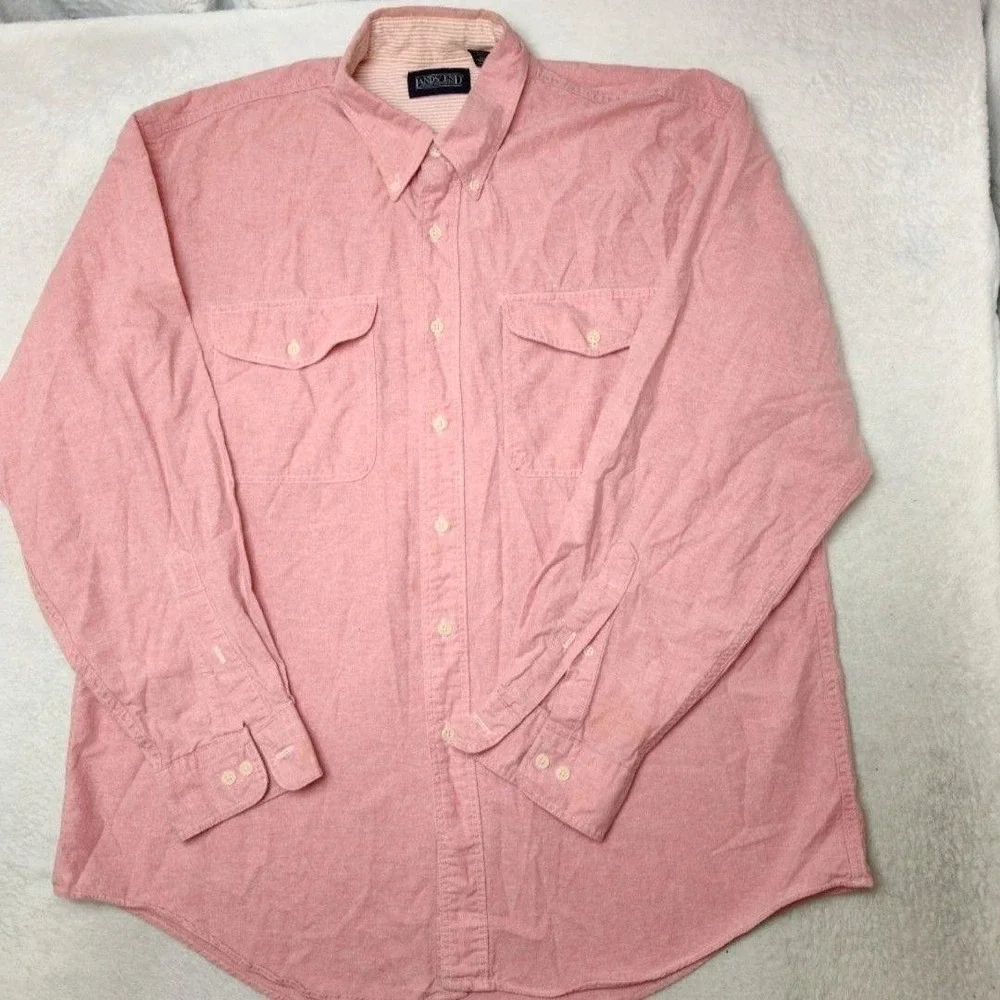 Lands' End Shirt Mens L Pink Oxford OCBD Button-Up Cotton Pockets Made In USA